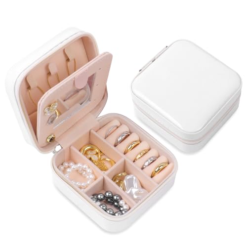 Schmuckkästchen Klein Reise, Schmuckschatulle für Damen & Mädchen mit Spiegel, Schmuckaufbewahrung aus PU-Leder für Ohrringe, Ringe, Ketten, Reise Essentials - Für Geburtstag, Weihnachten, Muttertag von hoinya