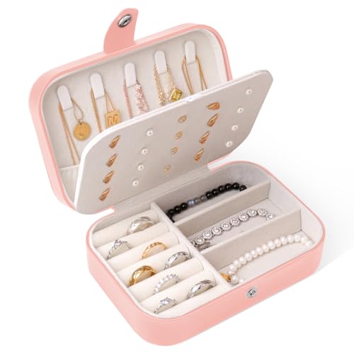 Schmuckkästchen Reise - Schmuckkasten Klein mit Fächern, Tragbare Schmuckschatulle für Damen & Mädchen - Schmuckbox Organizer für Armbänder, Halsketten, Ringe, Ohrringe und Accessoires von hoinya