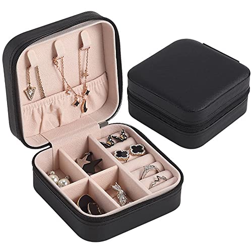 Schmuckkästchen Reise, Schmuckschatulle klein Schmuckkoffer für Damen Mädchen, Mini Tragbare Schmuckbox Schmuckaufbewahrung für Ringe, Ohrringe, Halsketten und Armbänder - Schwarz von hoinya