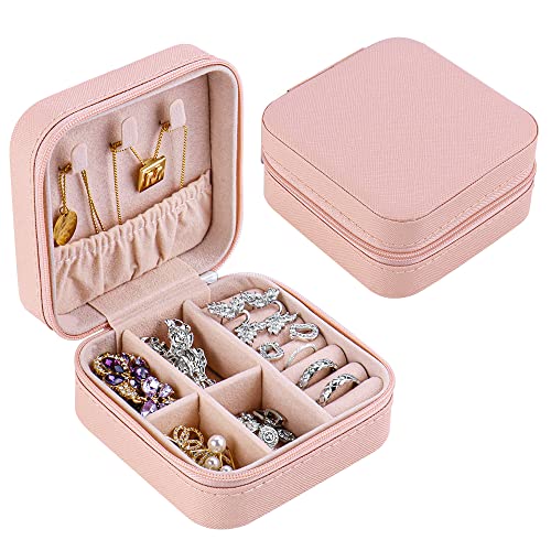 Schmuckkästchen Reise, Schmuckschatulle klein Schmuckkoffer für Damen Mädchen, Mini Tragbare Schmuckbox Schmuckaufbewahrung für Ringe, Ohrringe, Halsketten und Armbänder - Rosa von hoinya