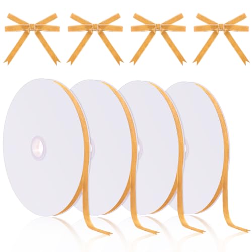 homdat 4 Rollen Weihnachts-Samtband, 22m Samt Schleifenband Schmuckband Geschenkband für Schleifenbasteln, Weihnachtskranzdekoration, Blumensträuße und DIY-Bastelarbeiten (Gold) von homdat