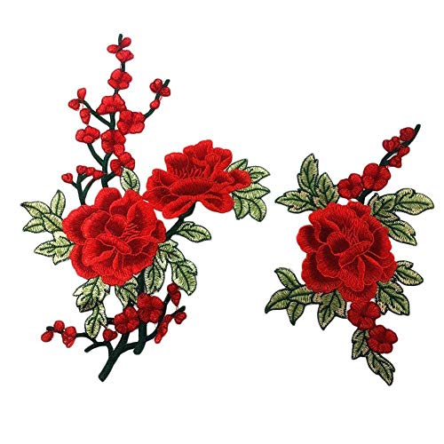 2 bestickte Aufnäher mit Blumen zum Aufnähen, Rosen-Aufnäher, Kleidung, zum Selbermachen, Nähen, Zubehör (rot) von homeyuser