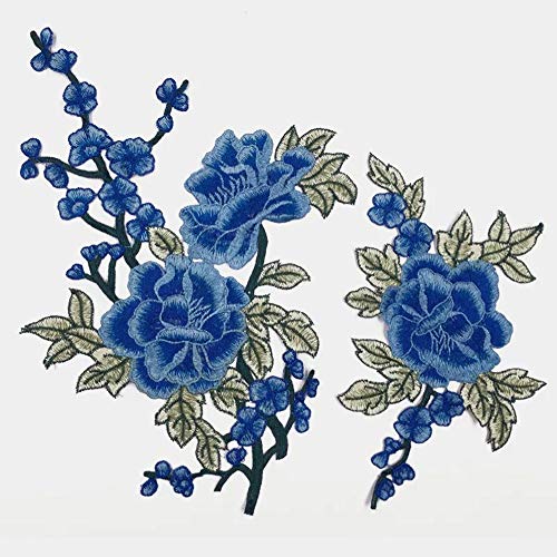2 bestickte Aufnäher mit Blumen zum Aufnähen, Rosen-Aufnäher, für Kleidung, zum Basteln, Nähen, Zubehör (blau) von homeyuser