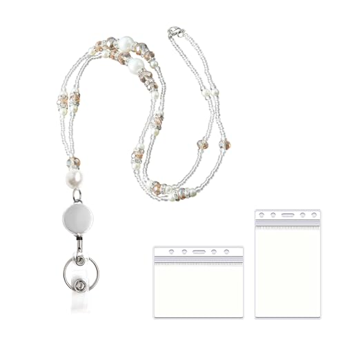 Schlüsselband für Ausweise, Ausweishalter und Schlüssel, einziehbares Schlüsselband für Damen, Lehrer-Ausweishalter mit Perle, Naturstein-Perlen-Design für Lehrer, Schlüsselband (Champagner-Gold) Schlüsselband für Ausweise, Ausweishalter und Schlüssel, einziehbares Schlüsselband für Damen, Lehrer-Ausweishalter mit Perle, Naturstein-Perlen-Design für Lehrer, Schlüsselband (Champagner-Gold) von hongliang