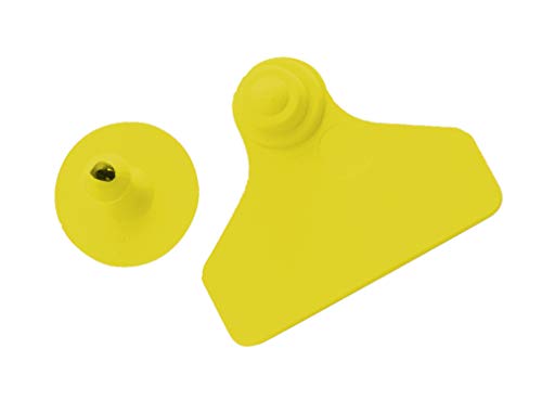 Ohrmarke UKAFLEX gelb breit mit Druckknopf, Lochteil 45x55mm, Knopfteil 27mm Durchmesser, Schachtel mit 20 Paar von horizont