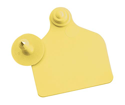 Ohrmarke UKAFLEX gelb gross mit Druckknopf, Lochteil 63x55mm, Knopfteil 27mm Durchmesser, Schachtel mit 20 Paar von horizont