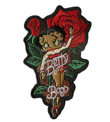 hotrodspirit - Aufnäher Betty Boop im Rosenstrauß, 10 x 6 cm, zum Aufbügeln, Pinup von hotrodspirit