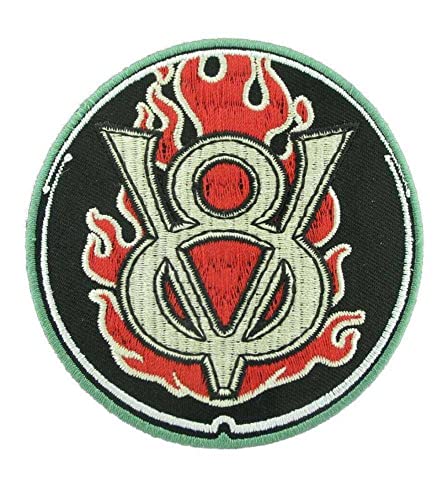 hotrodspirit - Patch, Logo, V8, rund, schwarz, Flammen, Rot, 7,5 cm, zum Aufbügeln, Jacke von hotrodspirit