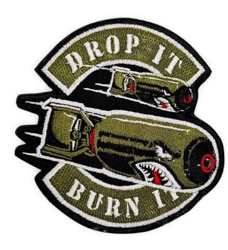hotrodspirit - Patch Drop it Burn it mit einer Bombe im Bomber-Stil, Khaki, 9 x 9 cm, zum Aufnähen hotrodspirit - Patch Drop it Burn it mit einer Bombe im Bomber-Stil, Khaki, 9 x 9 cm, zum Aufnähen von hotrodspirit