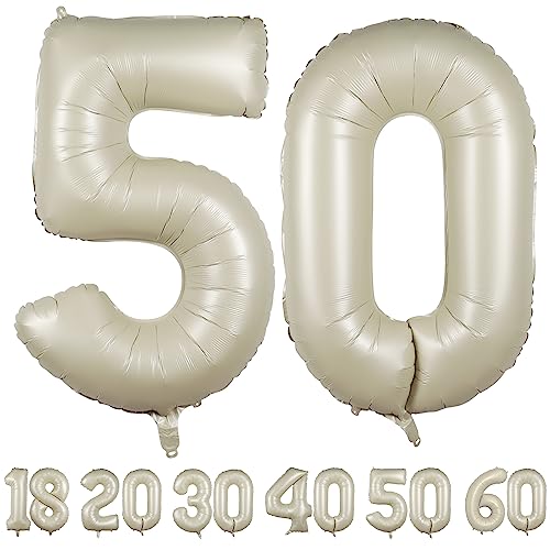 luftballon 50 jahre | Beige50 ballons-40"-101cm 50 Geburtstagsdeko -50 Folienballon Zahl Deko zum Geburtstag fliegt mit Helium 50 Geburtstag für Männer Frauen 50 Geburtstagsparty Jubiläum von hpnparty