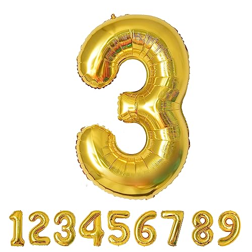 Geburtstag zahlen luftballon 3 jahre Folienballon Kindergeburtstag Deko Gold-Mädchen Junge Geburtstag 3 jahr 40" - 101cm Folienballon 3 jahre Geburtstags deko-fliegt mit Helium von hpnparty