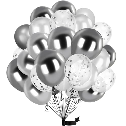 30Stück Weiß Luftballon Set, 12 Zoll Metallic Chrom Rot Weiß Konfetti Ballons Weiß und Silber Helium ballon Latex,für Kinder Geburtstag, Hochzeit, Babyparty, Dekoration von hpnparty