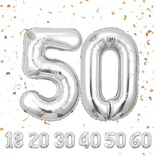 luftballon 50 jahre | Silber 50 ballons-40"-101cm 50 Geburtstagsdeko -50 Folienballon Zahl Deko zum Geburtstag fliegt mit Helium 50 Geburtstag für Männer Frauen 50 Geburtstagsparty Jubiläum von hpnparty