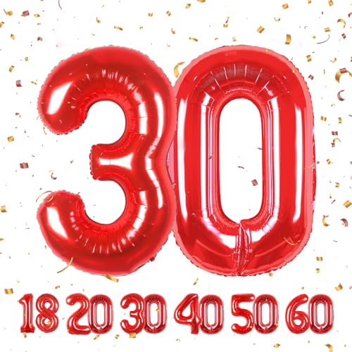 luftballon 30 jahre | Rot 30 ballons-40"-101cm 30 Geburtstagsdeko -30 Folienballon Zahl Deko zum Geburtstag fliegt mit Helium 30 Geburtstag für Männer Frauen 30 Geburtstagsparty Jubiläum von hpnparty