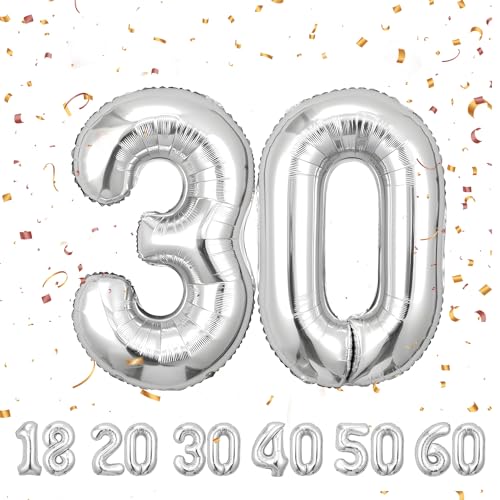 luftballon 30 jahre | Silber 30 ballons-40"-101cm 30 Geburtstagsdeko -30 Folienballon Zahl Deko zum Geburtstag fliegt mit Helium 30 Geburtstag für Männer Frauen 30 Geburtstagsparty Jubiläum von hpnparty