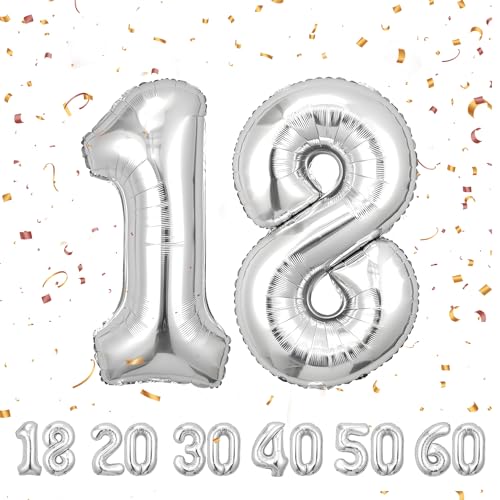 luftballon 18 jahre | Silber 18 ballons-40"-101cm 18 Geburtstagsdeko -18 Folienballon Zahl Deko zum Geburtstag fliegt mit Helium 18Geburtstag für Männer Frauen 18Geburtstagsparty Jubiläum von hpnparty