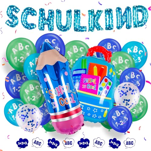 einschulung schulanfang deko Junge blue Grün SCHULKIND ballon+Schuleinführung Luftballon mit ABC 123+Pencil Schultüte Folienballons von hpnparty