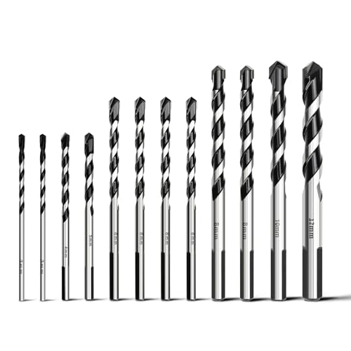 HSAWBIT Steinbohrer-Set, Betonbohrer, Wolframkarbid-Bohrer für Ziegelwände, Glas, Kunststoff, Zement, weiche Fliesen (3–12 mm), 12 Stück von hsawbit