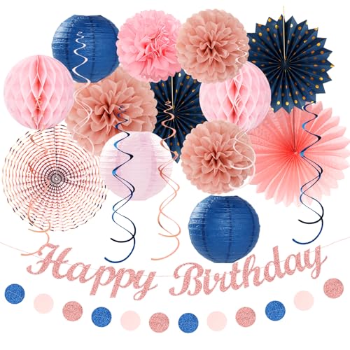Geburtstags-Party-Dekorationen in Rosa, Roségold, Marineblau, 21 Stück, für Frauen und Mädchen, Girlande, Papier-Luftschlangen, Laternen, Blumen-Tissue-Pompons, Fächer-Zubehör, Geburtstags-Party-Dekorationen in Rosa, Roségold, Marineblau, 21 Stück, für Frauen und Mädchen, Girlande, Papier-Luftschlangen, Laternen, Blumen-Tissue-Pompons, Fächer-Zubehör, von huglony