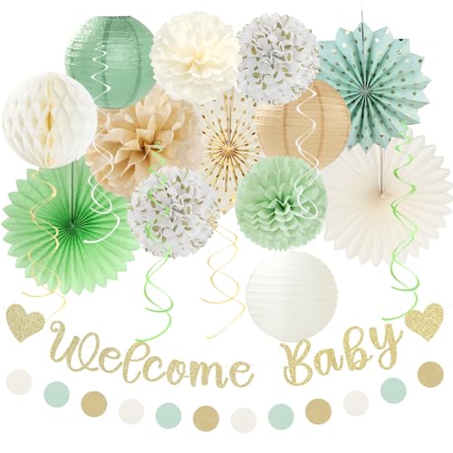 Party-Dekorationen für Babypartys, Salbeigrün, Champagner-Beige – 21 Stück, für Mädchen und Jungen, Papierlaternen, Pompons, Safari, Wald, Boho, neutrale Luftschlangen, Girlande, Dekoration, Party-Dekorationen für Babypartys, Salbeigrün, Champagner-Beige – 21 Stück, für Mädchen und Jungen, Papierlaternen, Pompons, Safari, Wald, Boho, neutrale Luftschlangen, Girlande, Dekoration, von huglony