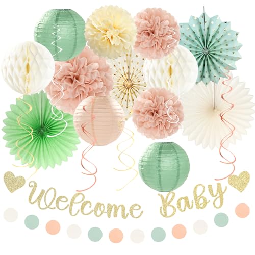 Party-Dekorationen für Babypartys, Salbeigrün und Beige, 21 Stück, Willkommens-Banner, hellrosa Papierlaternen, Pompons, Safari, Wald, Boho, neutrale Luftschlangen, Girlande, Dekoration, Gastgeschenke Party-Dekorationen für Babypartys, Salbeigrün und Beige, 21 Stück, Willkommens-Banner, hellrosa Papierlaternen, Pompons, Safari, Wald, Boho, neutrale Luftschlangen, Girlande, Dekoration, Gastgeschenke von huglony
