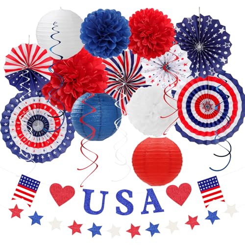 Patriotische Dekorationen für Gedenktage, rot-weiß-blau, 21 Stück, 4. Juli, amerikanische Banner, Girlande, Unabhängigkeitsparty-Dekoration, Papier-Luftschlangen, Laternen, Blumen-Tissue-Pompons Patriotische Dekorationen für Gedenktage, rot-weiß-blau, 21 Stück, 4. Juli, amerikanische Banner, Girlande, Unabhängigkeitsparty-Dekoration, Papier-Luftschlangen, Laternen, Blumen-Tissue-Pompons von huglony