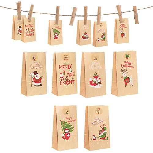 huiba Adventskalender aus Papier, stabile Papiertüte für Süßigkeiten, Papiertüten für Advent, Weihnachten, Geschenktüten mit Countdown Anhänger von huiba