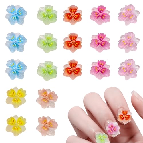 Huotflame 3D Blumen Nail Charms - Eis Translucente 50 Stück Harz Nagel Deko - Bunte fünfblättrige Charms für Nägel DIY Nageldesign, Glitzer Strass Nailart für Gel X Nail Tips und Charm Nägel Zubehör von huoflame