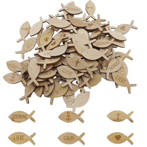 Hurifeng 100 Stück Holz Fische Deko - Taufe, Kommunion, Konfirmation Tischdeko - Zweifach Graviert, Streudeko für Junge und Mädchen - Hochwertige Holzfische für Tischdekoration und Geschenkanhänger von hurifeng