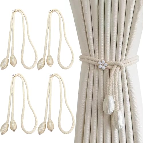 Hurifeng Vorhang Raffhalter 4 Stück - Handgefertigte Baumwoll Seil Vorhangbänder, Verstellbare Curtain Rope Buckle - 50cm Elastisch für 3-8m Gardinen, Ideal für Wohnzimmer Schlafzimmer Balkon Boho Dek von hurifeng