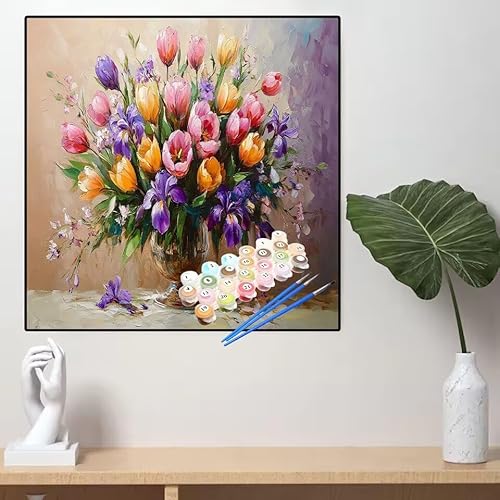Malen Nach Zahlen Blume Malen Nach Zahlen Erwachsene Vase Painting by Numbers Adult,DIY Handgemalt Ölgemälde set Mit Pinsel/Acrylpigment,Farbe Leinwand Bastelset für Home Dekor Geschenke 45x45cm YL346 von huuyaofaa