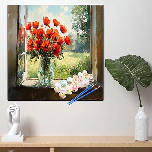 Malen Nach Zahlen Fensterbank Malen Nach Zahlen Erwachsene Blume Painting by Numbers Adult,DIY Handgemalt Ölgemälde set Mit Pinsel/Acrylpigment,Farbe Leinwand Bastelset,Dekor Geschenke 45x45cm YL94 von huuyaofaa