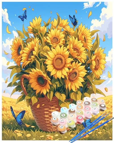 Malen Nach Zahlen Sonnenblume Malen Nach Zahlen Erwachsene Garten Painting by Numbers Adult,DIY Handgemalt Ölgemälde set Mit Pinsel/Acrylpigment,Farbe Leinwand Bastelset,Dekor Geschenke 40x60cm HYF896 von huuyaofaa
