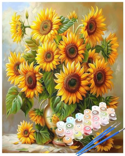 Malen Nach Zahlen Sonnenblume Malen Nach Zahlen Erwachsene Vase Painting by Numbers Adult,DIY Handgemalt Ölgemälde set Mit Pinsel/Acrylpigment,Farbe Leinwand Bastelset,Dekor Geschenke 50x70cm HYF895 von huuyaofaa
