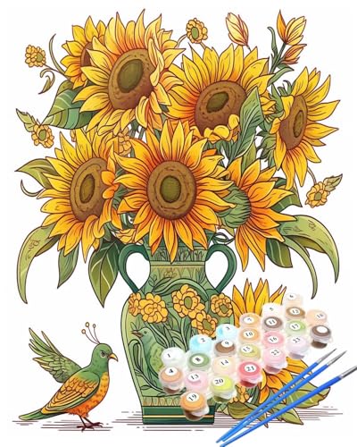 Malen Nach Zahlen Sonnenblume Malen Nach Zahlen Erwachsene Vogel Painting by Numbers Adult,DIY Handgemalt Ölgemälde set Mit Pinsel/Acrylpigment,Farbe Leinwand Bastelset,Dekor Geschenke 60x90cm HYF900 von huuyaofaa