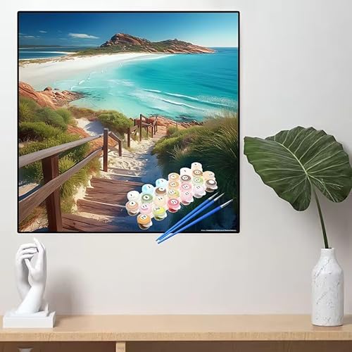 Malen Nach Zahlen Strand Malen Nach Zahlen Erwachsene Landschaft Painting by Numbers Adult,DIY Handgemalt Ölgemälde set Mit Pinsel/Acrylpigment,Farbe Leinwand Bastelset,Dekor Geschenke 60x60cm YL713 von huuyaofaa