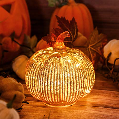 hvfun Herbstliche dekorative Kürbislaterne aus gestreiftem Glas, Halloween-Dekoration und Thanksgiving-Tischdekoration, batteriebetriebenes Herbstlicht für Partys und Zuhause -Gold hvfun Herbstliche dekorative Kürbislaterne aus gestreiftem Glas, Halloween-Dekoration und Thanksgiving-Tischdekoration, batteriebetriebenes Herbstlicht für Partys und Zuhause -Gold von hvfun