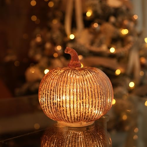 hvfun Herbstliche dekorative Kürbislaterne aus gestreiftem Glas, Halloween-Dekoration und Thanksgiving-Tischdekoration, batteriebetriebenes Herbstlicht für Partys und Zuhause -Rosa Gold hvfun Herbstliche dekorative Kürbislaterne aus gestreiftem Glas, Halloween-Dekoration und Thanksgiving-Tischdekoration, batteriebetriebenes Herbstlicht für Partys und Zuhause -Rosa Gold von hvfun