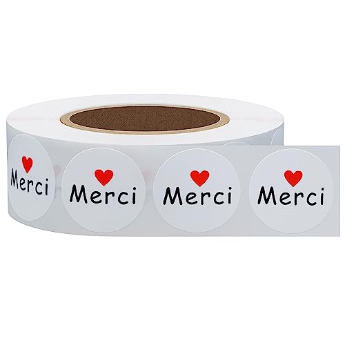 Hycodest Runde französische Dankeschön-Aufkleber, weiß, selbstklebend, mit rotem Herz, 1.000 Etiketten, 2,5 cm von hycodest