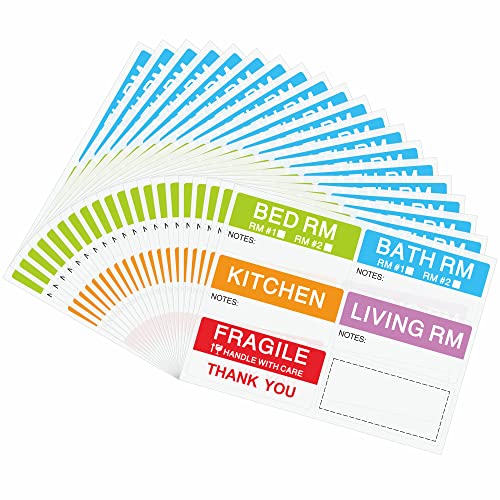 Hycodest Umzugsetiketten, 90 x 42 mm, 6 farbcodierte Etikettenbögen für Kartons, Kleiderschränke, 120 Etiketten von hycodest