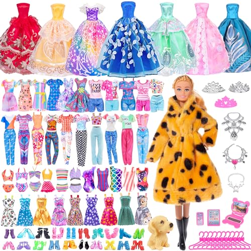50 Stück 29,2 cm große modische Mädchenpuppe mit Kleidung und Zubehör, Set beinhaltet Puppe, Pelzmantel, Preiskleider, modisches Slip-Kleid, Outfits, Bikini für Mädchen, Kinder, Kleinkinder von iBayda