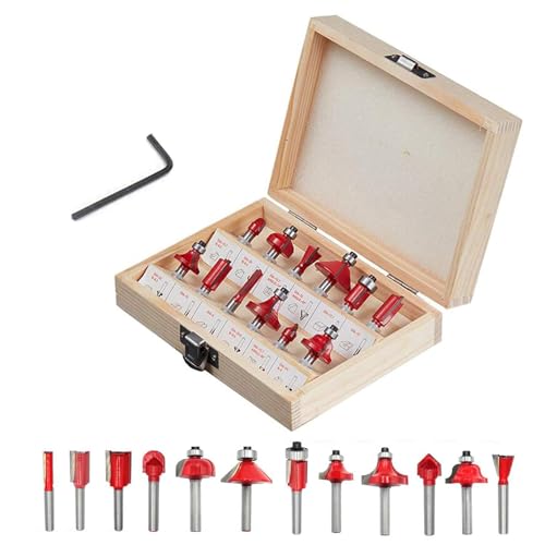 iDMRURvm 12tgl Fräsersatz Set für Holzbearbeitung 6mm Nutfräser Profilfräser für Oberfräse Holzfräser Fräser Bit Set mit Schraubenschlüssel (Rot) (12tlg. Fräser Set - Schaft 6mm) von iDMRURvm