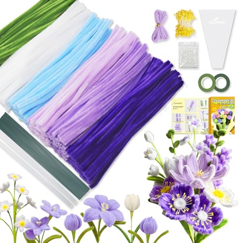Pfeifenreiniger zum Basteln Set,500 Stück in 6 Farben Pfeifenputzer zum basteln,Pfeifenreiniger blumen Mit Blumenstöcke,Klebebandrollen,Klebestifte,Anleitungen,Staubgefäße,Lidschatten（Lila） von iDattel
