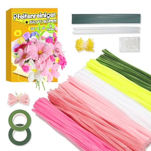 Pfeifenreiniger zum Basteln Set,500 Stück in 6 Farben Pfeifenputzer zum basteln,Pfeifenreiniger Blumen Mit Blumenstöcke,Klebebandrollen,Klebestifte,Anleitungen,Staubgefäße,Lidschatten(Rosa) von iDattel