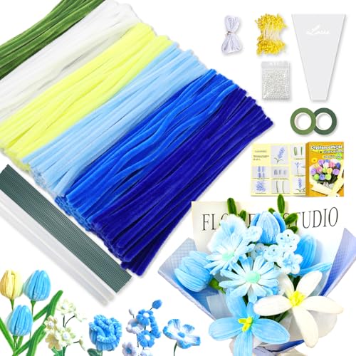 Pfeifenreiniger zum Basteln Set,500 Stück in 6 Farben Pfeifenputzer zum basteln,Pfeifenreiniger blumen Mit Blumenstöcke,Klebebandrollen,Klebestifte,Anleitungen,Staubgefäße,Lidschatten（Blau） von iDattel