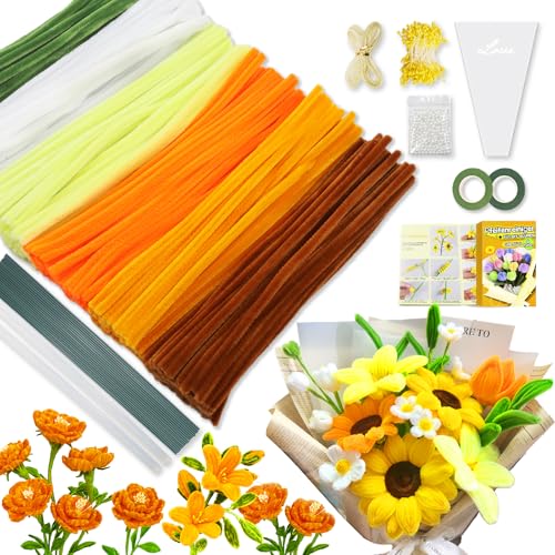 Pfeifenreiniger zum Basteln Set,500 Stück in 6 Farben Pfeifenputzer zum basteln,Pfeifenreiniger blumen Mit Blumenstöcke,Klebebandrollen,Klebestifte,Anleitungen,Staubgefäße,Lidschatten（orange） von iDattel