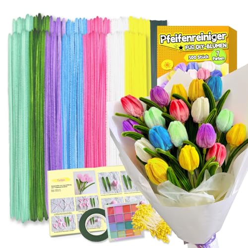 Pfeifenreiniger zum Basteln Set,500 Stück in 7 Farben Pfeifenputzer zum basteln,Pfeifenreiniger Blumen Mit Blumenstöcke,Klebebandrollen,Klebestifte,Anleitungen,Staubgefäße,Lidschatten von iDattel
