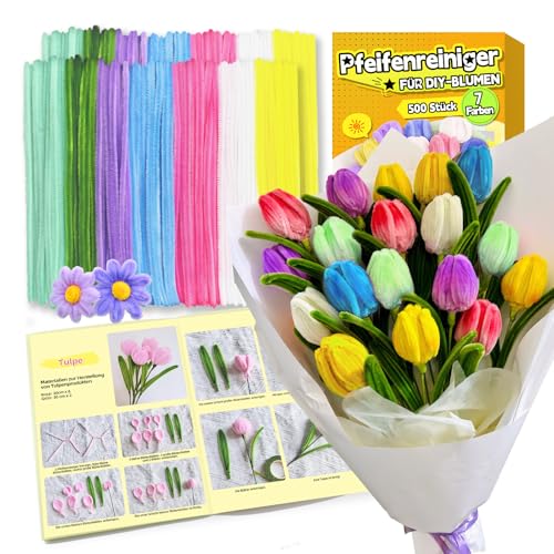 Pfeifenreiniger zum Basteln Set,500 Stück in 7 Farben Pfeifenputzer zum basteln,Pfeifenreiniger blumen,Pipe cleaner Mit Blumenstöcke,Klebebandrollen,Klebestifte,Anleitungen,Staubgefäße,Lidschatten von iDattel