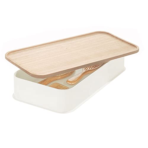 iDesign Schubladenbox, mittelgroße Regalbox aus BPA-freiem, recyceltem Kunststoff, Schubladen Organizer Box mit Deckel aus Paulownia-Holz, weiß, 8,7 x 21,6 x 43,2 cm, 08641 von InterDesign