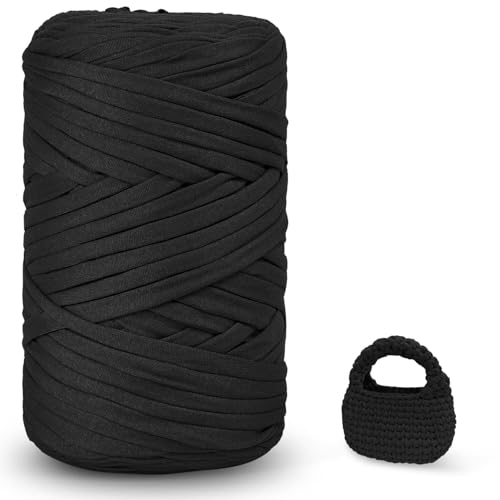 iEGrow 400 g T-Shirt Garn, Häkelgarn, Textilgarn für gehäkelte Körbe, geeignet für Handtasche, Taschen, Teppiche, Heimdekoration, DIY-Kunsthandwerk, Chunky Yarn für Anfänger Schwarz von iEGrow